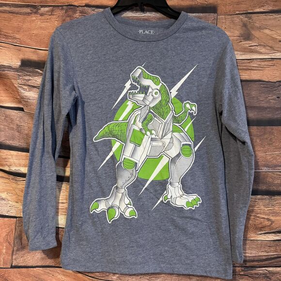 The Children's Place Boys Long Sleeve Robot Dinosaur Graphic L Tee Shirt Blue - Picture 1 of 6